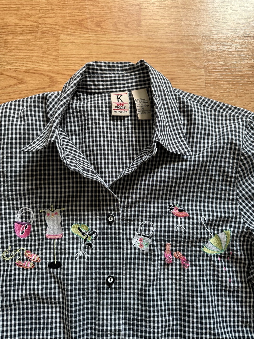 Vintage Koret Gingham Embroidered Novelty Button Up Shirt Cottagecore 90s
